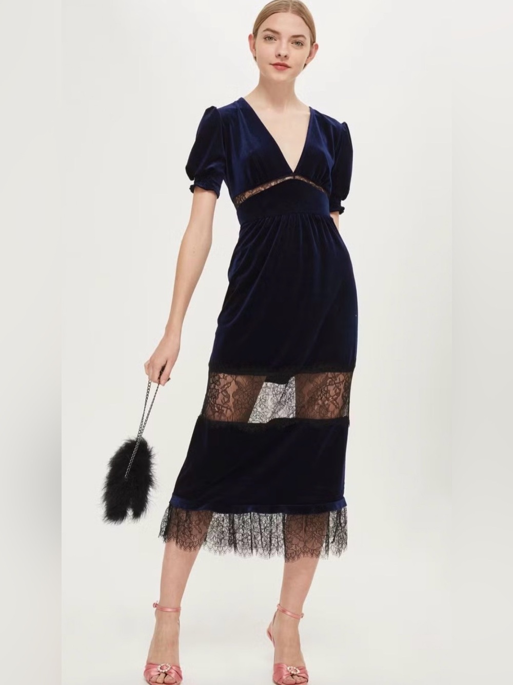 topshop navy velvet lace midi dress